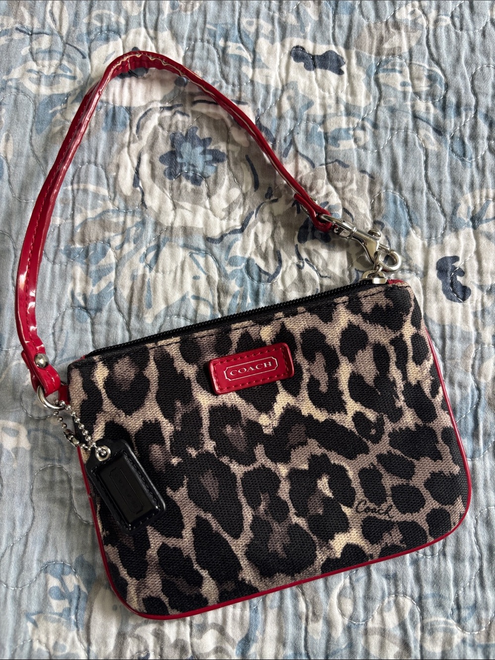 COACH Leopard Canvas Wristlet with Red Patent Trim